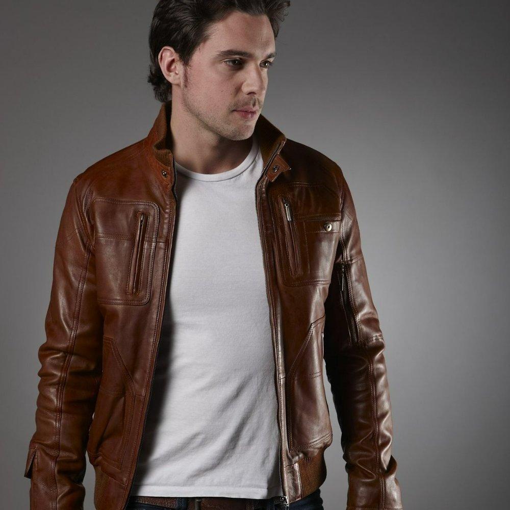 brown leather jacket